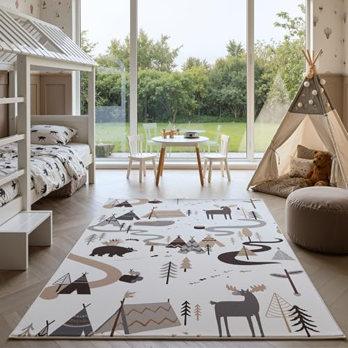 HomebyHome Kinderteppich Wald Tiere Spielteppich für Kinderzimmer in Creme mit Natur und Tier Motiv Größe 120x170 cm ideal als Spielteppich