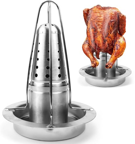 MOERAE 1 Stück Integrierter Hähnchenbräter aus Edelstahl, Hähnchenhalter mit Abtropfschale, Hähnchengrill für Backofen & BBQ, Geflügelbräter, leicht zu reinigen, für Küche & Außengrill
