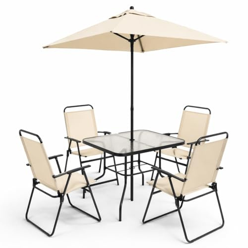 Shally Dogan Set 6 Pezzi da Pranzo per Giardino con Ombrellone, 4 Sedie Pieghevoli e 1 Tavolo con Ripiano in Vetro Temperato, Resistente Raggi UV, Arredamento Esterno, Patio, Terrazzo (Beige)