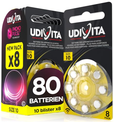 80 Batterien Für Hörgeräte Udivita - Gelbe Größe 10 - Phono Pulse Technologie - 10 Blister mit 8 Batterien