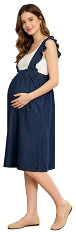 inhzoy Dam mammabyxor jeansklänning moderskap midikjolar flödande moderskap overall klänning denim mammajeans ovanför magen bar, blå, L