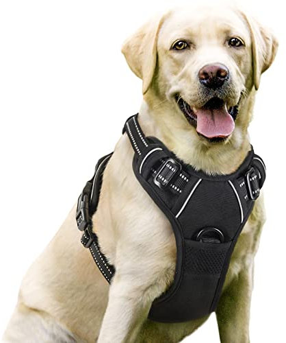 rabbitgoo Hundegeschirr Mittelgroße Hunde, Anti Zug Geschirr mit Kontrolle, No Pull Verstellbar Hundegeschirr Grosse Hunde, Atmungsaktiv Reflexstreifen Brustgeschirr Sichere Führung Schwarz L