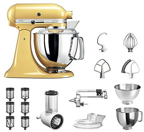 KitchenAid Küchenmaschine Artisan, 5KSM175PS, Veggie Paket inkl. TOP Zubehör: Gemüseschneider inkl. Zusatztrommeln, Spiralschneider und Standardzubehör (Pastellgelb)
