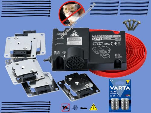 Marderabwehr Marderschutz Marderscheuche Marder-Schocker Kemo M229/SET batterie-betrieben+bordnetzunabhängig mit 6 Plus/Minus-Platten MIT 4 x AA-Ultimate-Lithium+Montage-Kit für KFZ PKW AUTO LKW Bus