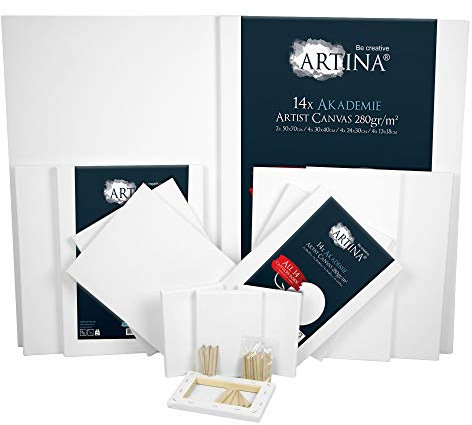 Artina Set da 14 Tele per Pittura 50x70cm - 30x40cm - 24x30cm - 13x18cm Serie Akademie - 100% Cotone Bianco 280g/m² - Tela Pittura con Telaio in Legno Certificato FSC®