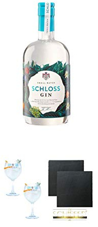 Schloss (Johannisberg) Small Batch Gin 0,5 Liter + Gin Sul Copo Ballon Glas 2 Stück + Schiefer Glasuntersetzer eckig ca. 9,5 cm Ø 2 Stück