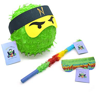 Nislai Ninja-Piñata-Set | ideal für die Ninja-Party | Geburtstagsgeschenk | Pinata zum Geburtstag | Stock und eine Maske | Farbe wählbar: Grün, Schwarz, Blau, Rot (Grün)