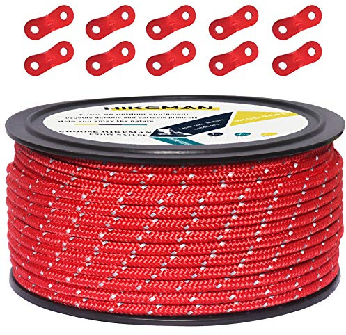 50M reflektierende Schnur Guy Seile Outdoor Zelt Führungsseil 100% Nylon Schnur Windlinie mit 10 Stück Aluminiumlegierung Spanner für Camping (red, Diameter 5 mm)