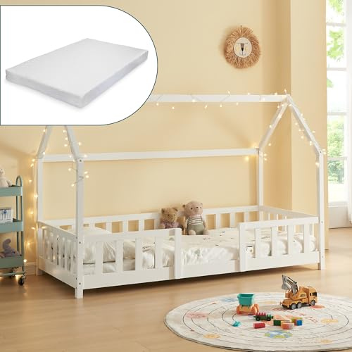 [en.casa] Kinderbett Sisimiut mit Matratze 90 x 200 cm Hausbett Montessori mit Rausfallschutz Holzbett für Kinder Bodenbett Lattenrost Kiefernholz Weiß