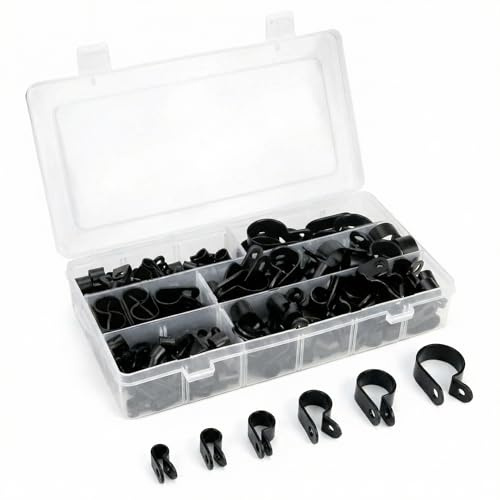 QWORK 200 Piezas P Clip P-Clamp de Plástico de Nylon, Sujeta Cables Sujetadores para Conductos, Cables, Tubos y Mangas, Ø 5/6/9/12/19/28mm (Negro)