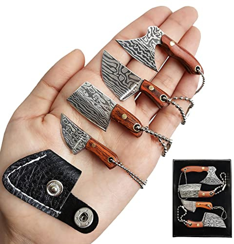 STARDW Damast-Taschenmesser-Set, EDC-Messer mit Scheide, Mini-Koch, Schlüsselanhänger, Messer-Set für Boxschneider, Brieföffner, Paketöffner, coole Gadgets, 4 Stück