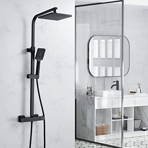 Thermostatic Shower Mixer Set, NewEast Matte Black 38 °C Square Thermostat Shower System for Bathroom with 8 Rainfall Shower Head and Handheld Shower