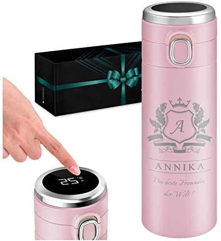 Maverton Thermobecher Kaffeebecher mit Gravur 400 ml - Trinkflasche Edelstahl - mit LED-Temperaturanzeige - auslaufsicher 100% dicht - Weihnachtsgeschenke - für Frauen zum Geburtstag - rosa - Freundin
