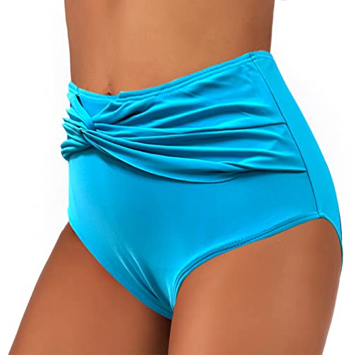 JFAN Kvinnors Badbyxor Ruched Briefs Bikini Hög Midja Hav Kostym Kvinnor Shorts Culotte Mage Kontroll, Blå, M
