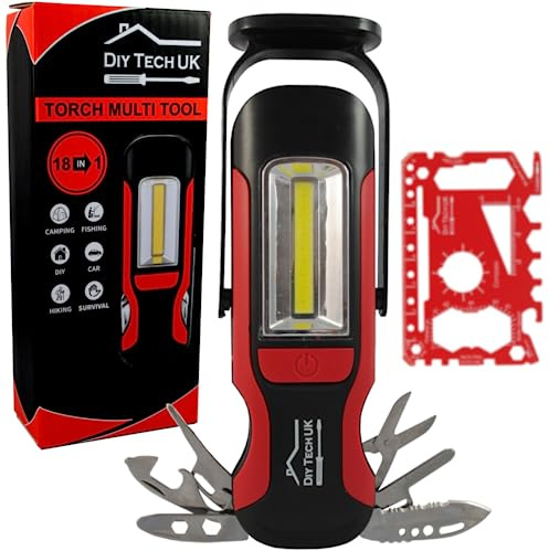 DIY TECH UK - 18 in 1 Torch Multitool Gifts for Men - 300 Meter Beam | Free 48 in 1 Credit Card Gadget - Valentines Day Gifts - Christmas Him Who Has Everything Women Gadgets Camping DIY - Red