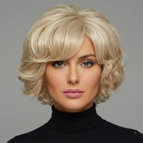 AIYLMZ Damen blonde kurze lockige Seitenteil Perücken geschichtete Perücken flauschige Natur lockige volle Perücken für Frauen kurze Schicht Ponyhaar (Gemischtes Gold)