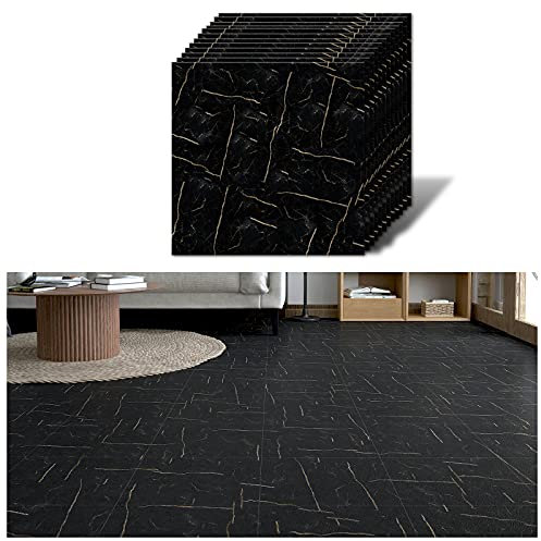 VEELIKE Dalle Adhesive Sol Marbre Noir Carrelage Adhesif Sol Salle de Bain Carreaux Adhesif Cuisine Imperméable Sol PVC Adhesif Salon Dalle PVC Garage Stickers Carrelage 1.5mm 30cm×30cm 12 Pièces