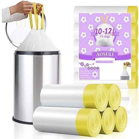 AOSULI Pedal Bin Liners 10L-12L Bin Bags Small Rubbish Bags Tie Handles Trash Bags 75 Counts White Plastic Drawstring Garbage Bags for Bathroom,Toilet,Office,Bedroom,fit 7L,8L,9L,15L Waste Bin