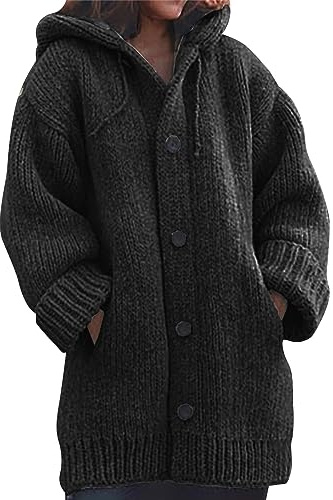 L9WEI Veste d'hiver épaisse en tricot pour femme - Veste chaude décontractée avec capuche - Manteau d'hiver de longueur moyenne - Couleur unie - Manteau de mi-saison, Noir , XXXXL