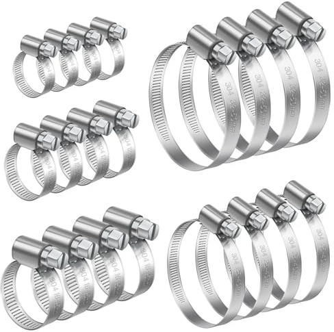 Bolatus 20 Stück Schlauchschellen Set 10-50mm Schlauchschelle 304 Edelstahl Einstellbare Schlauchklemmen Schlauchbinder Sortiment, Schellen für Poolschlauch, Waschmaschine, Gasrohr, Automobil Tubing
