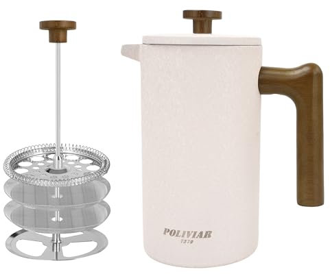 Poliviar French Press Kaffeebereiter 1 Liter/8 Tassen, Doppelwandige Isolierte Kaffeekanne, Handfilter Kaffeepresse mit Plunger & Griff aus Holz, Flatland (Beige)