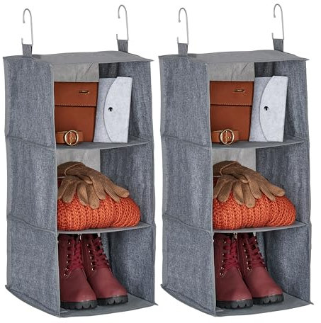 Relaxdays Kleiderschrank Hängeregal 2er Set, 3 Fächer, Stoff, HBT: 73x30x30 cm, je 2 Haken, Schrankaufbewahrung, grau