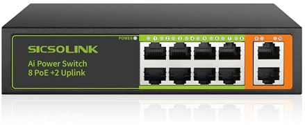 SICSOLINK 8 Ports PoE+ Ethernet Switch 2 Uplink 802.3af/at 120W Total Power 100Mbps Network Hub 20 Gbps Switch Capacity Unmanaged PoE Switch Suitable for IP Cameras Home & Office.