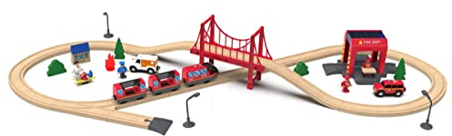 Leomark Holzeisenbahn mit Rettungsteam Spielzeug Eisenbahn Kinder-Bahn Zug, Spiel-Set Holz, Konstruktionsspielzeug + Mobile Warteschlange