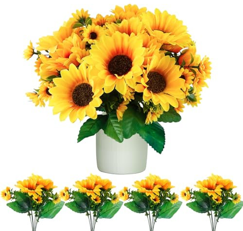 Künstliche Blumen Sonnenblumen Kunstblumen Deko Artificial Flowers Seidenblumen Wie Echt Sunflower Herbstblumen Dekoblumen Künstlich für Hochzeit Garten Außen Innen Deko 4 Bündel