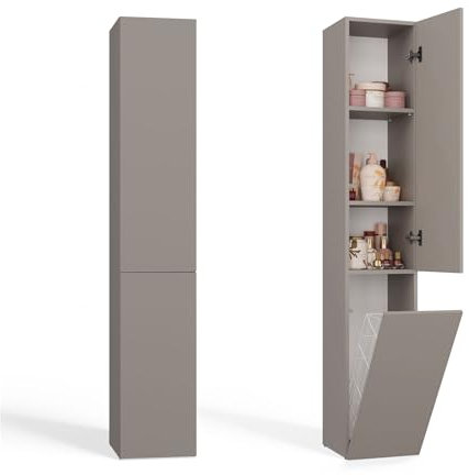 ADGO Badezimmerschrank mit wäschekorb TON Grau - Kleiderschrank - Badezimmermöbel - Badezimmerregal - Aufbewahrungsschrank - Bad Hochschrank - Badezimmerschrank Hoch - Mehrzweckschrank