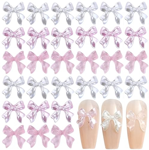 60Stück Niedlich Schleife Nail Charms Y2K Weiß Rosa Bögen Charms Nägel Klar Rosa Schleifenknoten Nagel Charm Kawaii Ribbon Bow Nail Charm Nagelschmuck Nageldesign Zubehör Nailart