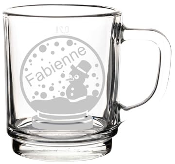 LUXENTU Glastasse mit Gravur, Schneekugel, 250 ml, 6 Stück | Personalisierter Glasbecher für Kaffee, Tee zum Geburtstag oder Wichtelgeschenkidee, geeicht 0,2 l, spülmaschinenfest
