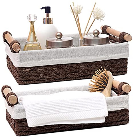 Nvzi Round Paper Rope Storage Basket, Wicker Baskets for Organizing with Handle, Decorative Bins for Countertop, Toilet Paper Basket for Toilet Tank Top, Small Baskets Set 11.8*7.8*3.9inche (Brown)