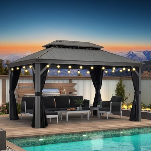 PURPLE LEAF Pavillon 3 x 4.25 m Wasserdicht Stabil Winterfest Alu Gartenpavillon mit seitenwänden mit 14.6 m 24 LED Licht, Hellgrau
