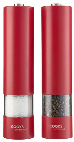 Cooks Professional Electric Salt and Pepper Mill Set | Battery Operated Automatic Grinders with Adjustable Course & Fine Grinding & One Touch Operation | Condiment Seasoning Grinder | Red