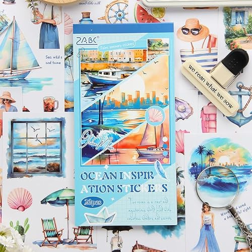 Adesivi per Scrapbooking Set di 20 Fogli Carta Sul Tema Dell'oceano Stickers Per la Creazione di Album di Ritagli, Diari Creativi Estetici, Album Fotografici,Quaderni e Altri Progetti fai da te