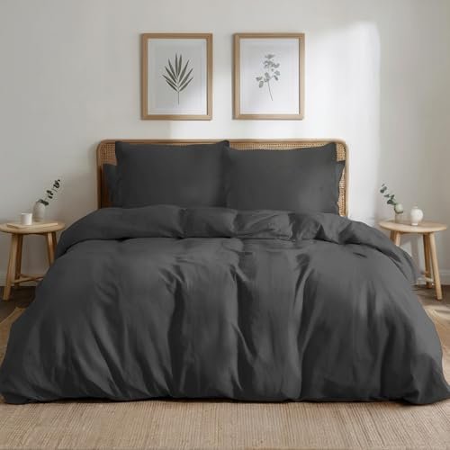 Dreamzie Funda Nordica Cama 105 de Algodon Percal – Gris Oscuro – Ropa de Cama 155x220, 1 Funda Nórdica + 2 Fundas de Almohada 80x80 – 3 Piezas
