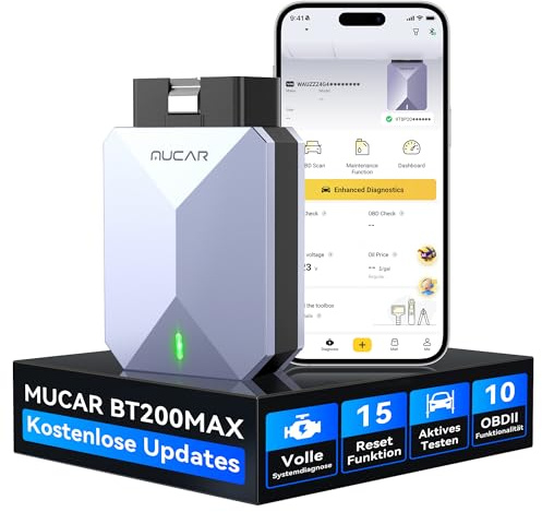 MUCAR BT200 MAX AI-Hilfsfunktion OBD2 Bluetooth Adapter, OBD2 Diagnosegerät Unterstützung ELM327, Auto Auslesegerät Mit Volle System+15 Reset, Für iOS&Android/Aktives Testen/CANFD-Kostenlose Updates