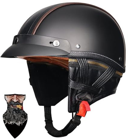 HALYING Casque Moto Demi-Jet Vintage Homologué ECE ABS Haute Densité Cuir Résistant - Doublure Respirante Démontable Système de Fermeture Rapide - Casque Bol Universel pour Scooter/Cruiser