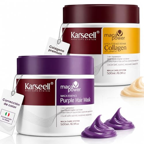 Karseell MACA CARE SYSTEM Set 1 Kollagen-Haarmaske + Violette Haarmaske Gegen Gelbstich Tiefenpflege Feuchtigkeit Reparatur Trockenes Geschädigtes Blondiertes Graues Weißes Haar Ohne Sulfate
