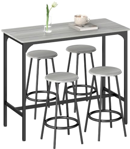 HOMCOM Conjunto Mesa Alta Cocina 4 Taburetes 110x50x89,5cm Gris/Negro | Mesa de Bar Alta, Ahorro de Espacio, Pisos Pequeños, Comedor, Balcón, Isla Cocina