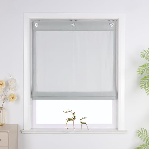Joyswahl Raffrollo ohne Bohren Blickdicht Raffgardinen mit Ösen Wohnzimmer Fenster Vorhänge Ösenrollo für Fenster mit Hakenaufhängung Uni HxB 140 x 60 cm Grau 1 Stück