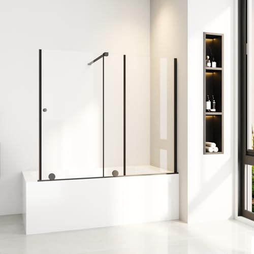 Duschwand für Badewanne 115 x 140 cm Schiebetüren Badewannen Duschaufsatz Schwarz Schiebetür Badewannentrennwand aus 6mm ESG Sicherheitsglas,Breite Verstellbar von 70-115cm