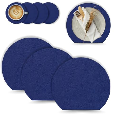 Set di 4 Tovagliette Americane Rotonde Blu + 4 Sottobicchieri, in Ecopelle Lavabili, Impermeabili, Antiscivolo e Resistenti al Calore, Sottopiatti da Tavola Moderni per Cucina o Colazione