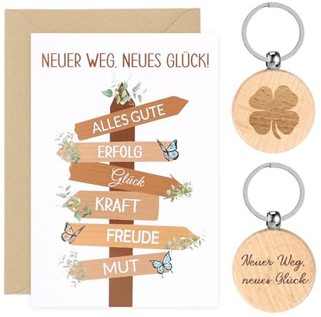 MorLuks Abschiedsgeschenk Kollegen, Neuer Weg Neues Glück Karte + Kleeblatt Schlüsselanhänger Holz, Abschied Geschenke für Kollegen Jobwechsel Rente Ruhestand Neuer Job Mutmacher