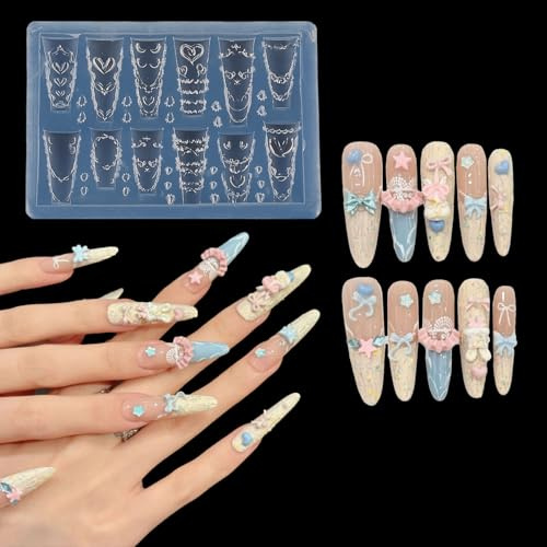 NICENEEDED Moule à Ongles Crème en Relief 3D Moule à Manucure en Silicone Transparent et Résine DIY Pochoir de Sculpture pour Décoration Artistique du Bout des Doigts des Femmes