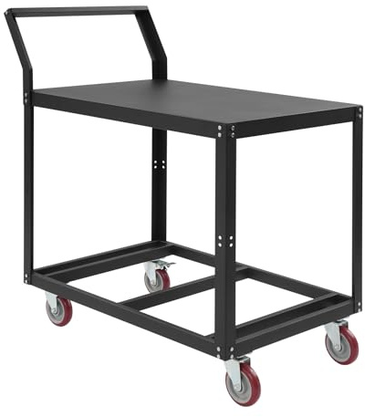 Edelstahl Rollwagen Werkstatt, 2-Etagen Rollbar Montagewagen mit 158kg Tragkraft, Tischwagen Transportwagen, Multifunktionaler Materialwagen mit Rollen, für Garage, Werkstatt (Schwarz)