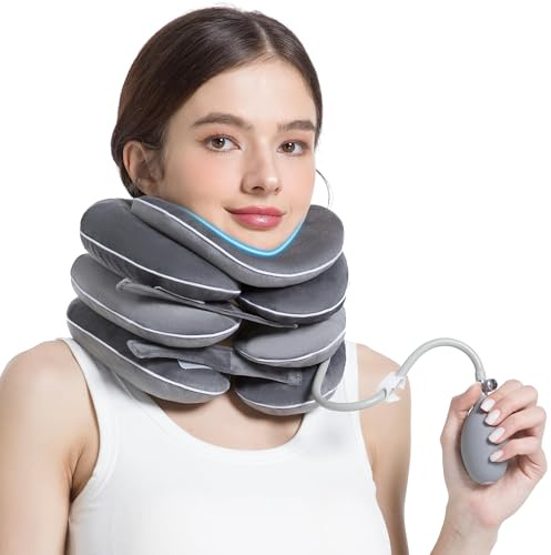 LAFUYSO Inflatable Neck Stretcher with Brace - Adjustable Cervical Traction Device for Neck Pain Relief, 3-Layer Decompression Pillow, Washable & Breathable, for Men & Women, Grey