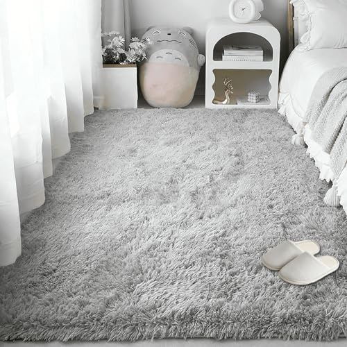 PSHCEE Flauschiger Hochflor Teppich 150 x 270 cm Flauschige Teppiche Jugendzimmer Mädchen Moderner Flauschiger Kuscheliger für Schlafzimmer, Küche, Flur, Hellgrau