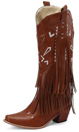 Wtharosa Frans för kvinnor västerländsk knähöga cowboy stövlar blockklack geometrisk utskärning detalj retro country festival fest daglig promenad bekväm passform, Brun, 39 EU